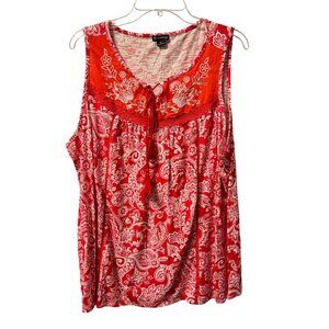Red & White Paisley Sleeveless Blouse With Embroidered Yoke & Tie Detail By New